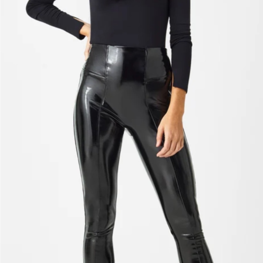 Spanx smoothing faux patent leather leggings hidden contoured waistband shine